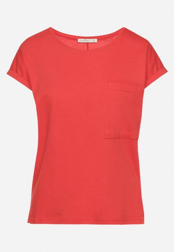 Born2be - Czerwony T-shirt z Bawełny Ozdobiony Kieszonką Ziarene. Okazja: na co dzień. Kolor: czerwony. Materiał: bawełna. Wzór: aplikacja. Styl: sportowy, casual