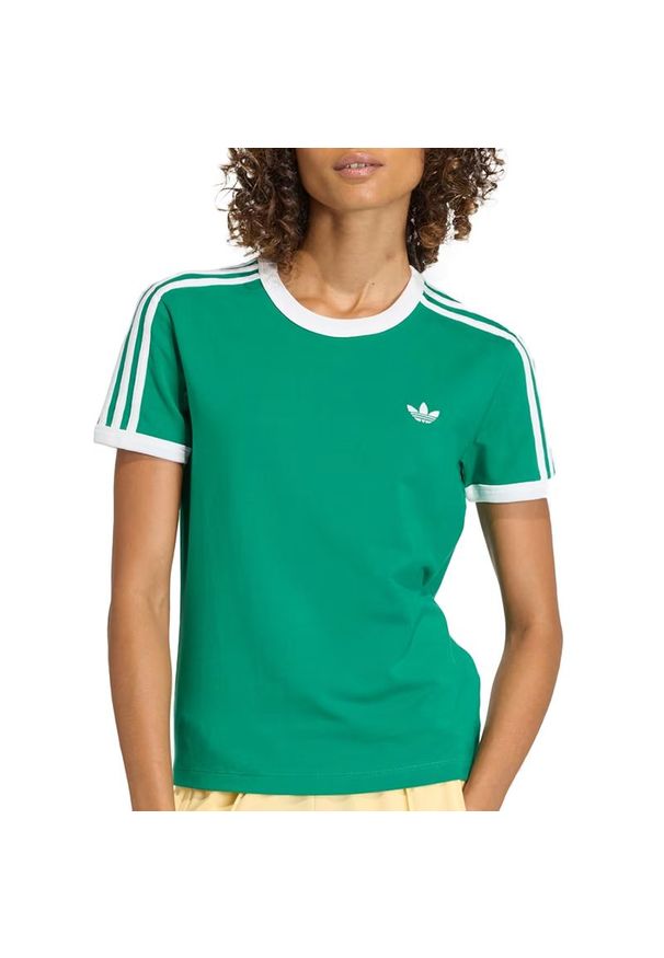 Adidas - Koszulka damska adidas Originals 3-Stripes Slim KD3681- zielona. Kolor: zielony. Materiał: elastan, bawełna, skóra, materiał. Wzór: aplikacja, paski
