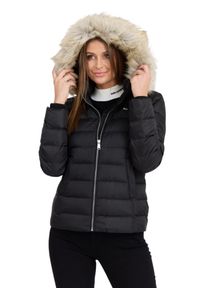 Tommy Jeans - TOMMY JEANS Czarna damska kurtka z futrem, Rozmiar XL. Kolor: czarny. Materiał: futro. Długość rękawa: długi rękaw. Długość: długie. Wzór: bez wzorów. Styl: elegancki