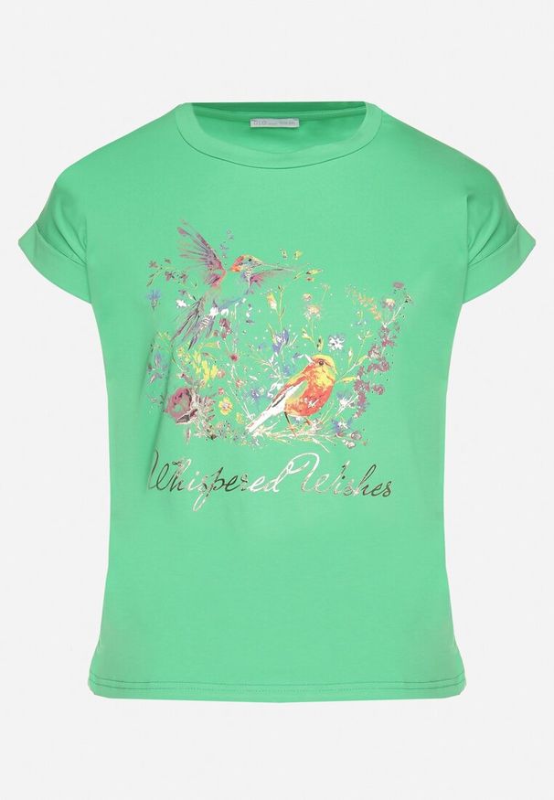 Born2be - Zielony T-shirt z Kolorowym Nadrukiem z Bawełny Mepitia. Okazja: na co dzień. Kolor: zielony. Materiał: bawełna. Wzór: nadruk, kolorowy. Styl: klasyczny, elegancki, casual
