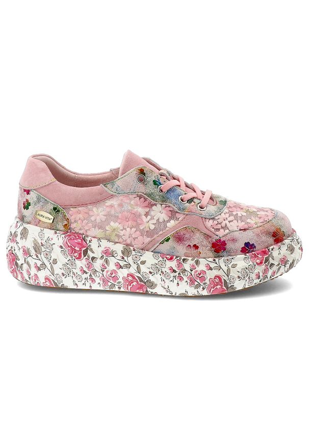Sneakersy damskie Laura Vita, podwyższona podeszwa z ozdobnym wzorem na bokach oraz miękki kołnierz przy kostce, różowy, 64 SL26803B-64. Okazja: na co dzień. Kolor: różowy. Materiał: materiał, jeans. Szerokość cholewki: normalna. Wzór: aplikacja, kwiaty. Styl: casual