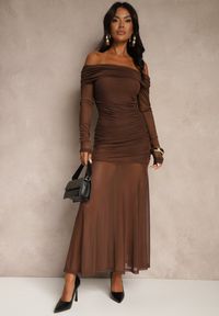 Renee - Brązowa Koktajlowa Sukienka z Prześwitującymi Rękawami i Marszczeniem Haludea. Okazja: na imprezę. Kolor: brązowy. Styl: wizytowy #2