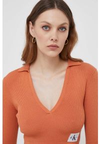Calvin Klein Jeans longsleeve damski kolor pomarańczowy. Kolor: pomarańczowy. Materiał: dzianina, prążkowany. Długość rękawa: długi rękaw. Długość: długie #2