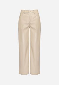 Born2be - Beżowe Spodnie o Szerokim Kroju z Wysokim Stanem z Ekoskóry Enadria. Okazja: na co dzień. Stan: podwyższony. Kolor: beżowy. Sezon: zima. Styl: casual, klasyczny, elegancki #2