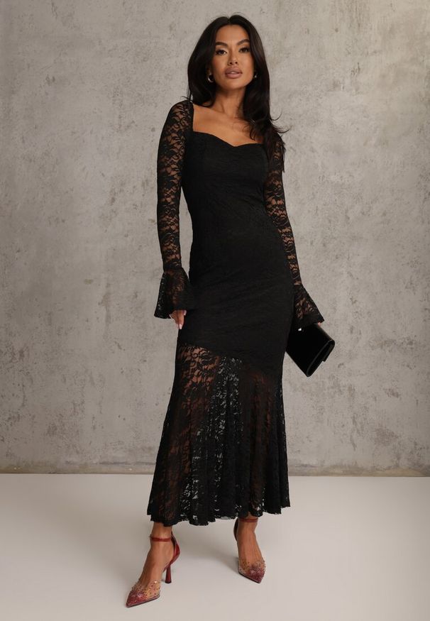 Renee - Czarna Elegancka Sukienka VICES z Koronki z Wiązaniem z Tyłu Drenvienne. Kolor: czarny. Materiał: koronka. Wzór: koronka. Typ sukienki: dopasowane, oversize. Styl: elegancki