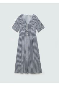 Big-Star - Sukienka damska midi z wiskozy w paski granatowo-białe Zissa 403. Okazja: do pracy, na co dzień, na spotkanie biznesowe. Kolor: niebieski. Materiał: wiskoza. Długość rękawa: krótki rękaw. Wzór: paski. Styl: biznesowy, klasyczny, casual. Długość: midi #5
