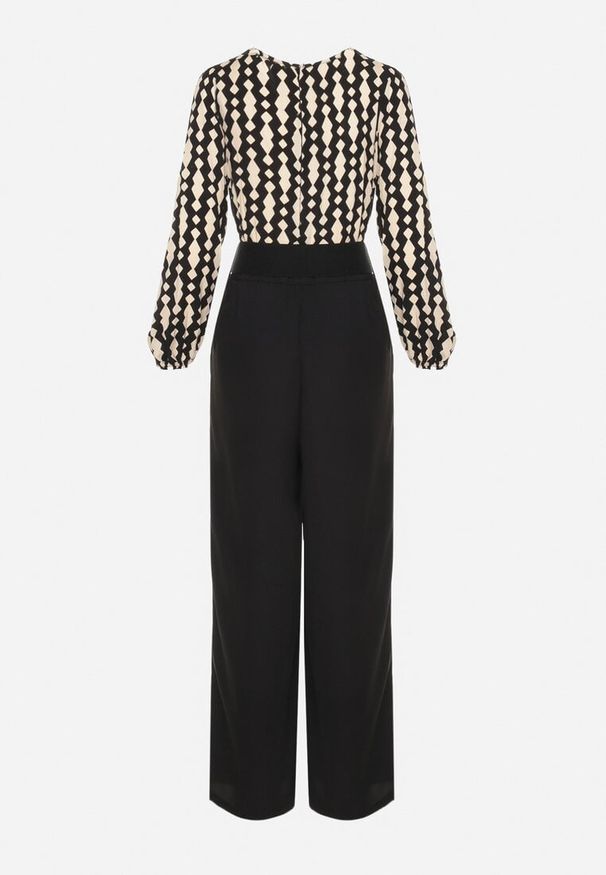 Born2be - Czarno-Beżowy Wzorzysty Kombinezon Kopertowy z Prostymi Nogawkami i Elastycznym Paskiem Tinadorae. Okazja: na co dzień. Kolor: czarny. Materiał: tkanina. Długość rękawa: długi rękaw. Długość: długie. Styl: casual, elegancki