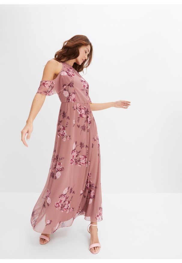 bonprix - Długa sukienka z siatkowego materiału z nadrukiem. Kolor: różowy. Materiał: materiał. Wzór: nadruk. Długość: maxi