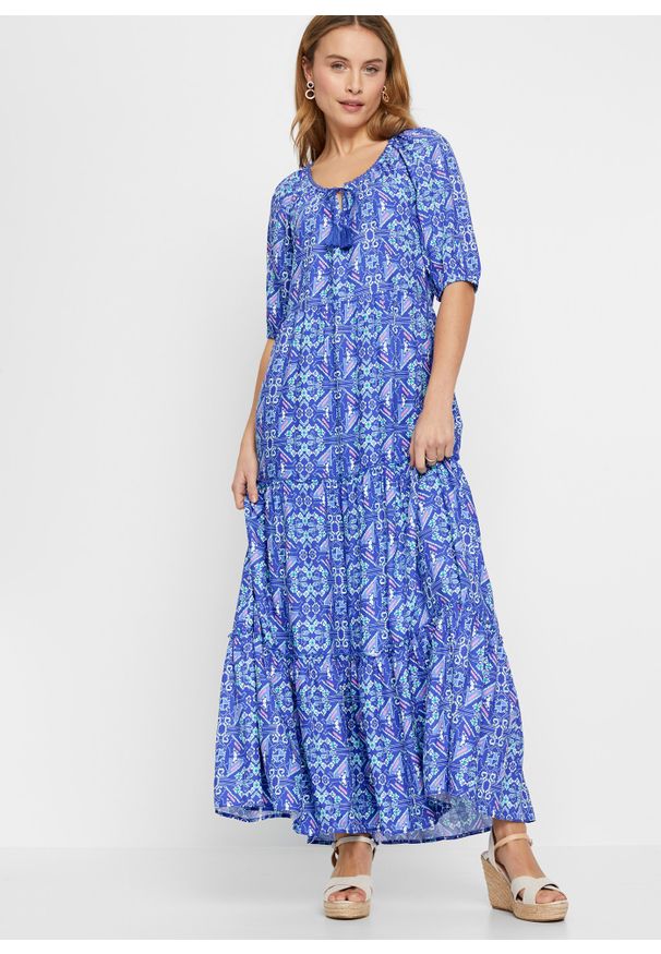 bonprix - Długa sukienka z przyjaznej dla środowiska wiskozy z nadrukiem. Kolor: niebieski. Materiał: wiskoza. Wzór: nadruk. Długość: maxi