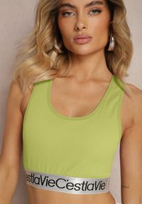 Renee - Zielony Top Sportowy Biustonosz Elastyczny Prążkowany z Ozdobną Gumą Waslema. Kolor: zielony. Materiał: guma, prążkowany. Styl: sportowy