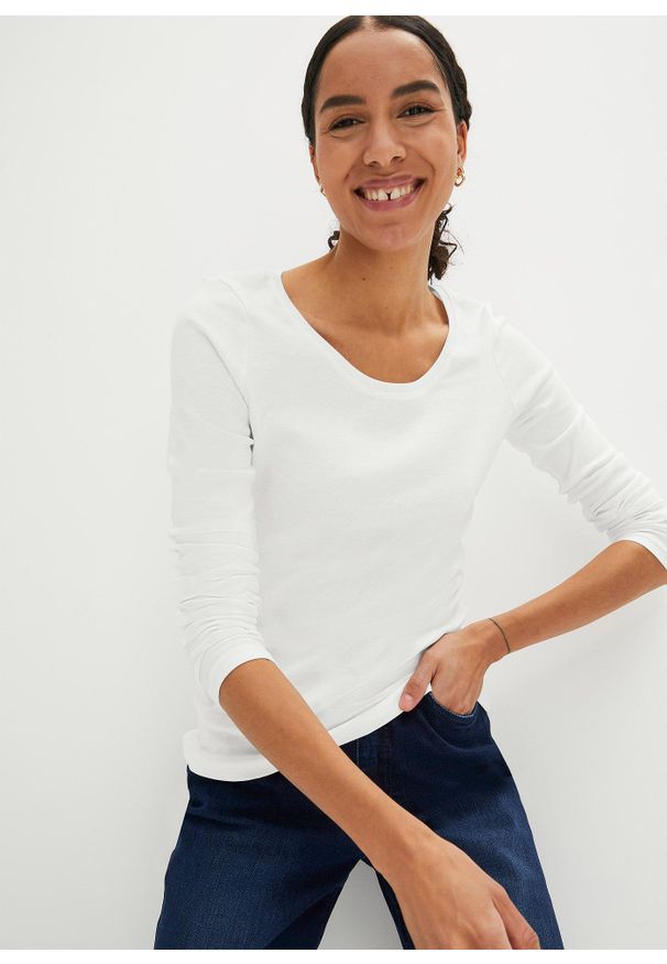 bonprix - Bluzka z długim rękawem z czystej bawełny organicznej. Kolor: biały. Materiał: bawełna. Długość rękawa: długi rękaw. Długość: długie. Wzór: prążki