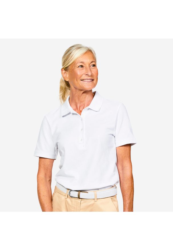 INESIS - Koszulka polo do golfa z krótkim rękawem damska Inesis MW500. Typ kołnierza: golf, polo. Kolor: biały. Materiał: bawełna, materiał, poliester. Długość rękawa: krótki rękaw. Długość: krótkie. Wzór: ze splotem. Styl: klasyczny, elegancki