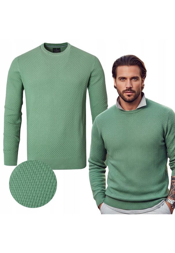 Lekki, Męski Sweter Bawełniany - Pako Jeans - Jasnozielony. Okazja: do pracy, na spotkanie biznesowe. Kolor: zielony. Materiał: bawełna. Styl: klasyczny, biznesowy