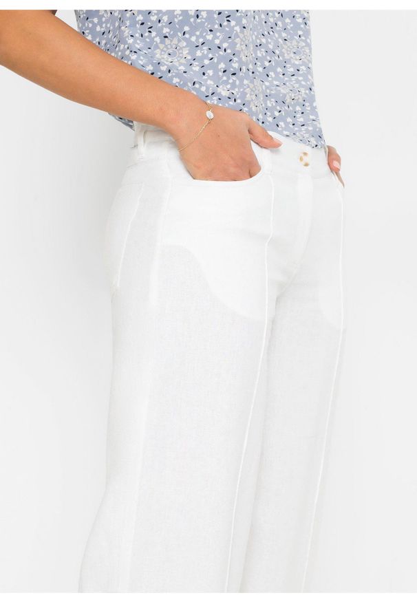 bonprix - Spodnie palazzo z przewiewnej mieszanki lnu. Kolor: biały. Materiał: len