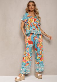 Renee - Jasnoniebieski Letni Komplet z Wiskozy w Boho Wzór z Szerokimi Spodniami i Bluzką Wiagia. Kolor: niebieski. Materiał: wiskoza #5