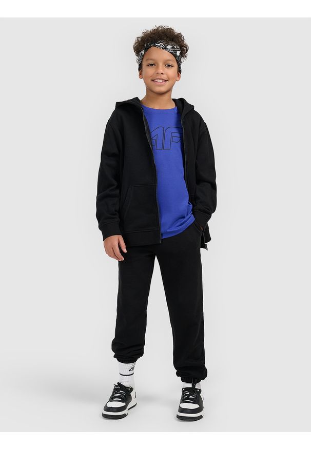 4f - 4F Bluza dresowa rozpinana z kapturem chłopięca - czarna 140 (9-10 lat). Okazja: na co dzień. Typ kołnierza: kaptur. Kolor: czarny. Materiał: dresówka. Wzór: gładki, ze splotem. Sezon: lato. Styl: casual, sportowy