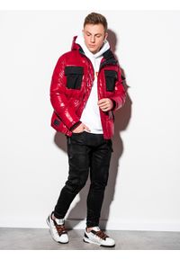 Ombre Clothing - Kurtka męska zimowa C457 - czerwona - XL. Kolor: czerwony. Materiał: poliester. Wzór: aplikacja. Sezon: zima #7