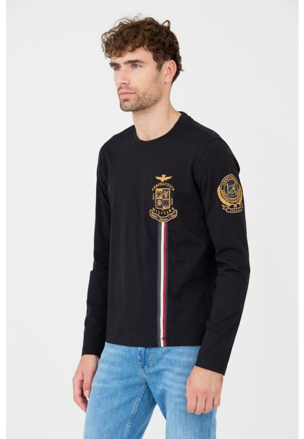 Aeronautica Militare - AERONAUTICA MILITARE Czarny męski longsleeve bawełniany, Rozmiar L. Kolor: czarny. Materiał: bawełna. Długość rękawa: długi rękaw
