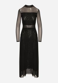 Born2be - Czarna Siateczkowa Sukienka Rozkloszowana Longsleeve z Domieszką Wiskozy Eprela. Okazja: na randkę. Kolor: czarny. Materiał: wiskoza. Długość rękawa: długi rękaw. Typ sukienki: rozkloszowane. Styl: klasyczny #7