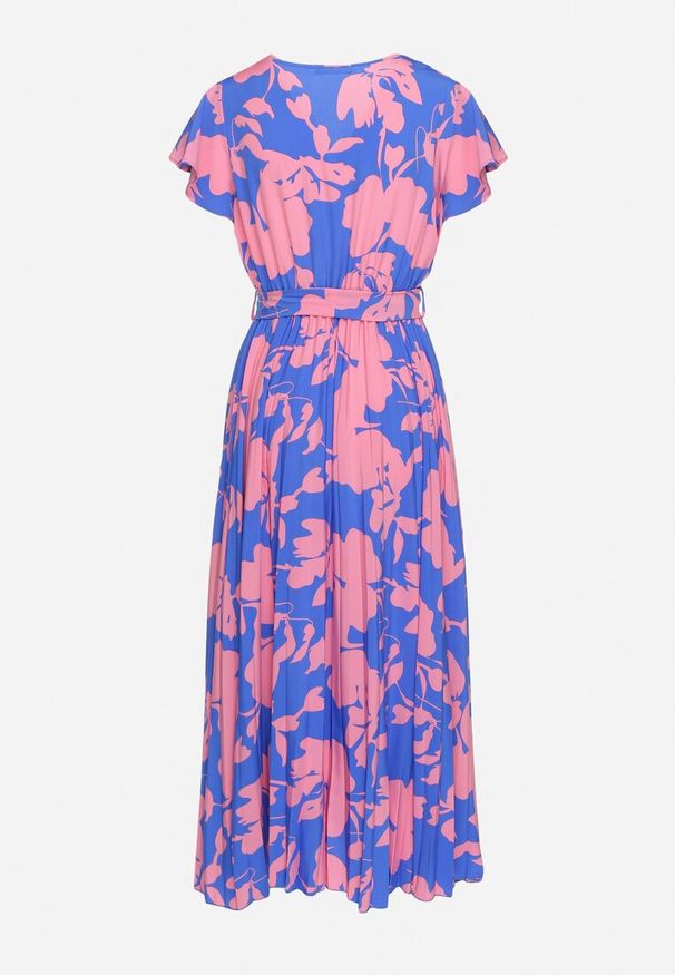 Born2be - Niebiesko-Różowa Plisowana Koktajlowa Sukienka z Kopertowym Dekoltem Paskiem i Gumką w Talii Anelsea. Okazja: na spacer, na imprezę. Typ kołnierza: dekolt kopertowy. Kolor: niebieski. Długość rękawa: krótki rękaw. Wzór: aplikacja. Typ sukienki: kopertowe. Styl: wizytowy