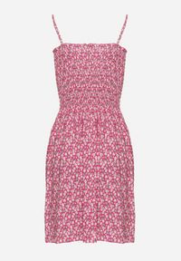 Born2be - Fuksjowa Bawełniana Sukienka na Regulowanych Ramiączkach z Elastycznym Dekoltem Risetta. Kolor: różowy. Materiał: bawełna. Długość rękawa: na ramiączkach. Wzór: kwiaty. Sezon: wiosna, lato #3