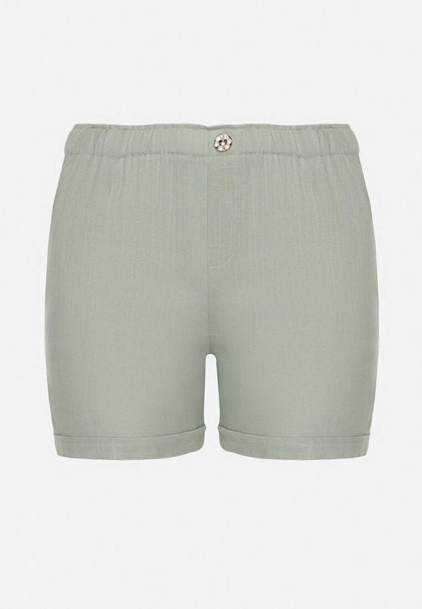 Born2be - Zielone Casualowe Szorty z Lnem z Gumką w Talii Filowena. Okazja: na co dzień. Kolekcja: plus size. Kolor: zielony. Materiał: len. Styl: casual