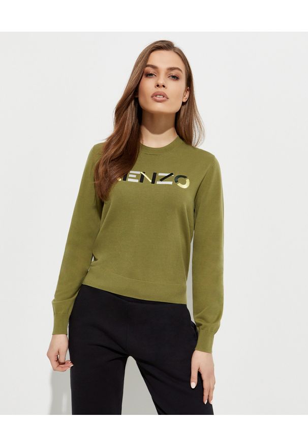 Kenzo - KENZO - Zielona bluza z logo. Kolor: zielony. Materiał: bawełna. Długość rękawa: długi rękaw. Długość: długie. Wzór: kolorowy