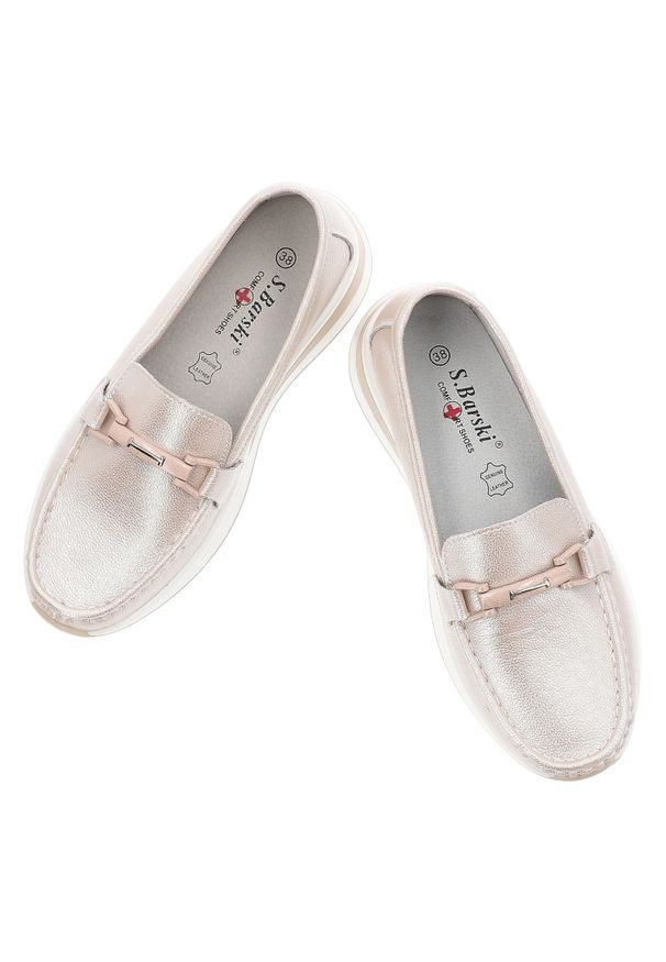 Srebrno-Różowe Mokasyny S.Barski Eleganckie Obuwie Damskie. Okazja: na co dzień, na spacer. Kolor: srebrny. Materiał: materiał. Wzór: aplikacja. Styl: elegancki