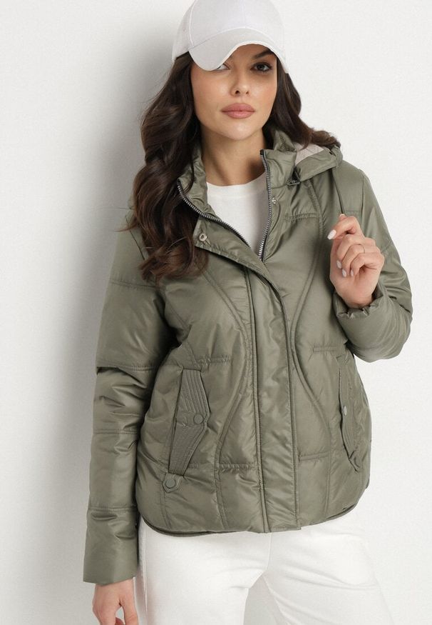 Born2be - Zielona Kurtka Pikowana z Odpinanym Kapturem i Kieszeniami Ziolene. Okazja: na co dzień. Kolor: zielony. Materiał: jeans. Długość rękawa: długi rękaw. Długość: długie. Styl: elegancki, casual