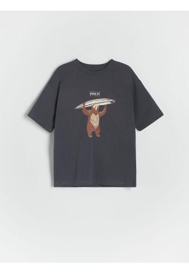 Reserved - T-shirt oversize z nadrukiem - ciemnoszary. Kolor: szary. Materiał: bawełna, dzianina. Wzór: nadruk
