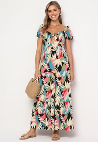 Born2be - Beżowo-Czarna Wiskozowa Sukienka w Kwiaty z Wiązaniem przy Dekolcie i Falbanką Meviera. Okazja: na randkę, na spacer, na co dzień. Kolor: czarny. Materiał: wiskoza. Wzór: kwiaty. Sezon: lato. Styl: casual #1