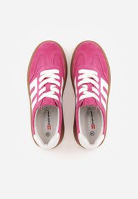 Born2be - Fuksjowe Skórzane Sneakersy na Kauczukowej Podeszwie z Geometrycznym Motywem Shytyse. Kolor: różowy. Materiał: kauczuk, skóra. Wzór: geometria #2