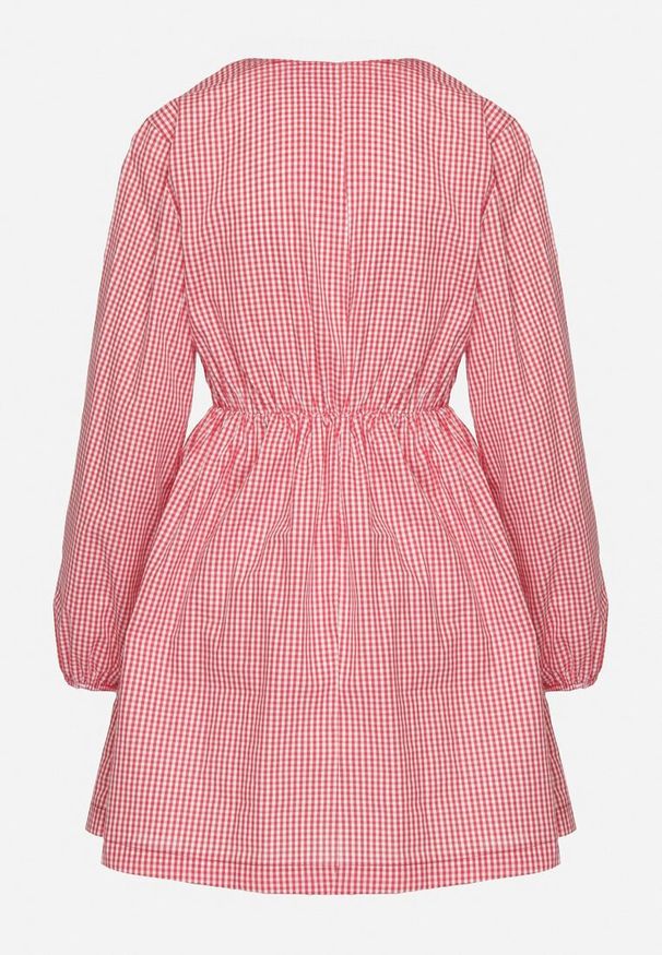 Born2be - Czerwona Sukienka w Drobną Kratkę z Wiązaniem Przy Dekolcie Noemis. Okazja: na co dzień, do pracy. Typ kołnierza: dekolt w kształcie V. Kolor: czerwony. Długość rękawa: długi rękaw. Wzór: kratka. Typ sukienki: proste. Styl: casual