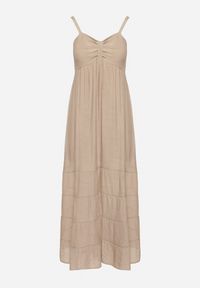 Born2be - Beżowa Sukienka z Bawełną na Regulowanych Ramiączkach z Elastyczną Gumką na Plecach Tinathias. Okazja: na spacer, na co dzień. Kolor: beżowy. Materiał: bawełna. Długość rękawa: na ramiączkach. Sezon: lato. Typ sukienki: proste. Styl: casual, klasyczny #2