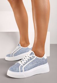 Renee - Niebieskie Sznurowane Sneakersy na Niskiej Platformie Dimiana. Zapięcie: sznurówki. Kolor: niebieski. Materiał: jeans. Obcas: na platformie