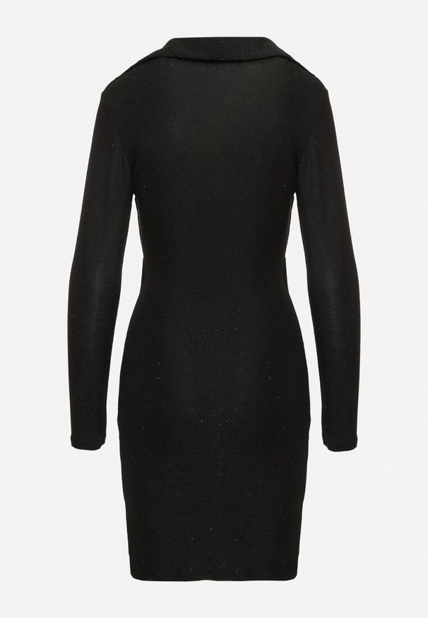 Born2be - Czarna Sukienka o Kopertowym Kroju z Gumką w Talii Paskiem i Metaliczną Nicią Miathriae. Okazja: na co dzień. Kolor: czarny. Materiał: jeans. Typ sukienki: kopertowe. Styl: casual, elegancki