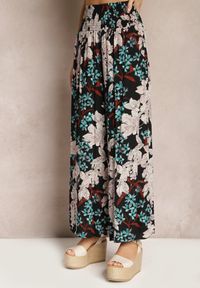Renee - Czarno-Beżowe Spodnie z Wiskozy z Gumką w Talii i Szerokimi Nogawkami w Kwiaty Selinia. Kolor: czarny. Materiał: wiskoza. Wzór: kwiaty #4