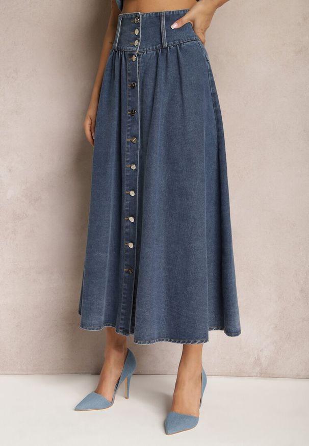 Renee - Granatowa Jeansowa Spódnica Maxi z Guzikami z Bawełny Rachellia. Kolor: niebieski. Materiał: bawełna, jeans