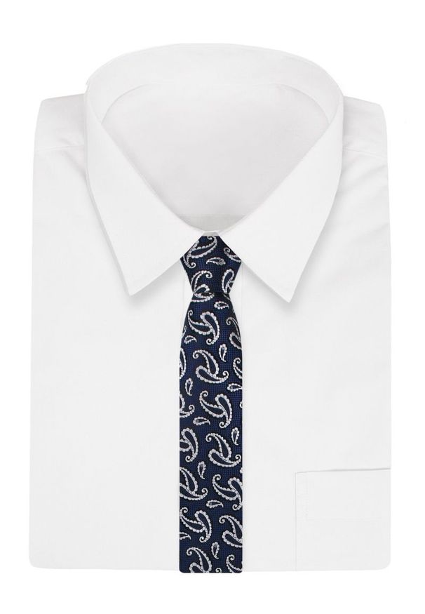 Alties - Ciemny Granatowy Elegancki Męski Krawat -ALTIES- 7 cm, Klasyczny, w Biały Wzór Paisley. Kolor: niebieski. Materiał: tkanina. Wzór: paisley. Styl: klasyczny, elegancki