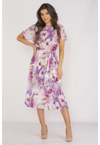 Awama - Zwiewna sukienka szyfonowa rozkloszowana w kwiaty. Okazja: na imprezę, na ślub cywilny, na wesele. Materiał: szyfon. Wzór: kwiaty. Styl: wakacyjny