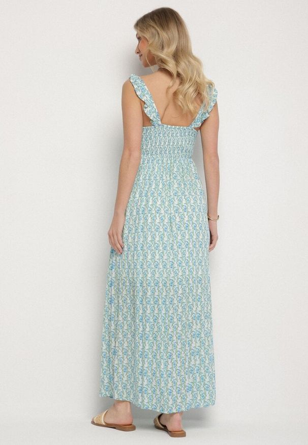 Born2be - Niebieska Wiskozowa Sukienka w Kwiaty z Ozdobnymi Falbankami Redele. Okazja: na co dzień, na spacer. Typ kołnierza: kołnierz z falbankami. Kolor: niebieski. Materiał: wiskoza. Długość rękawa: na ramiączkach. Wzór: kwiaty. Typ sukienki: proste. Styl: casual, klasyczny