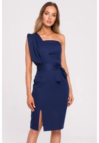 Sukienki.shop - Sukienka koktajlowa na jedno ramię ołówkowa granatowa. Okazja: na ślub cywilny, na wesele, na imprezę. Kolor: niebieski, różowy. Typ sukienki: ołówkowe. Styl: wizytowy #2