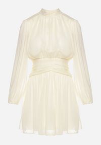 Born2be - Beżowa Sukienka Rozkloszowane ze Stójką Marszczeniami i Transparentnymi Ramionami Belabria. Okazja: na co dzień. Typ kołnierza: kołnierzyk stójkowy. Kolor: beżowy. Typ sukienki: rozkloszowane. Styl: klasyczny, casual #2