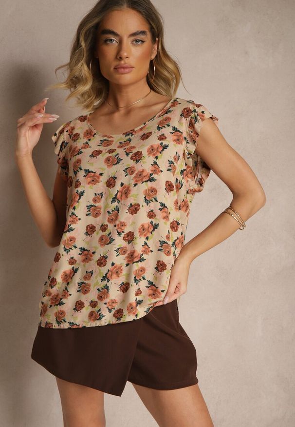 Renee - Brązowa Kwiatowa Bluzka z Bawełny Ulosirenia. Okazja: na co dzień. Kolor: brązowy. Materiał: bawełna. Wzór: kwiaty. Styl: elegancki, casual