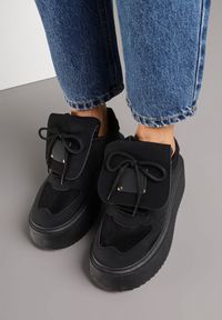 Born2be - Czarne Sneakersy na Grubej Podeszwie z Wywiniętym Językiem i Kokardą Ellisare. Okazja: na co dzień. Kolor: czarny. Materiał: jeans #6