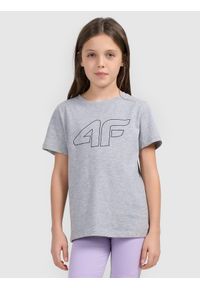 4f - 4F T-shirt oversize z nadrukiem dziewczęcy - szary 140 (9-10 lat). Okazja: na co dzień. Kolor: szary. Materiał: bawełna, dzianina, jersey. Wzór: nadruk. Sezon: lato. Styl: casual, sportowy, klasyczny #1