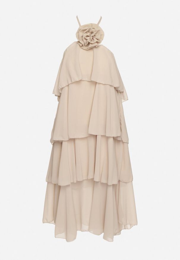 Born2be - Beżowa Sukienka z Falbanami Wiązana na Szyi z Broszką Kwiatem Tinallena. Okazja: na co dzień. Kolor: beżowy. Wzór: kwiaty. Styl: casual