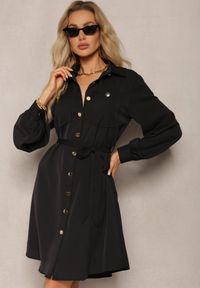 Renee - Czarna Sukienka o Koszulowym Fasonie Utility z Bufiastymi Rękawami Wiązana w Pasie Emianna. Okazja: na imprezę, na co dzień. Kolor: czarny. Typ sukienki: koszulowe. Styl: casual, elegancki