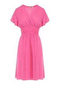 Born2be - Różowa Sukienka z Wiskozy Saede. Okazja: na co dzień. Kolor: różowy. Materiał: wiskoza. Wzór: gładki. Sezon: lato. Typ sukienki: kopertowe. Styl: casual. Długość: mini #4