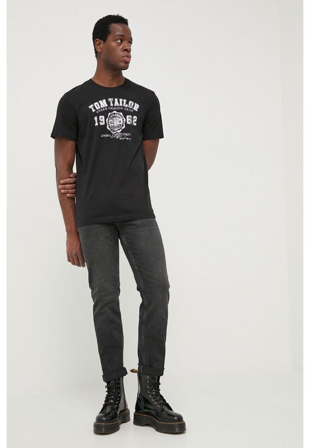 Tom Tailor t-shirt bawełniany kolor czarny z nadrukiem. Okazja: na co dzień. Kolor: czarny. Materiał: bawełna. Wzór: nadruk. Styl: casual